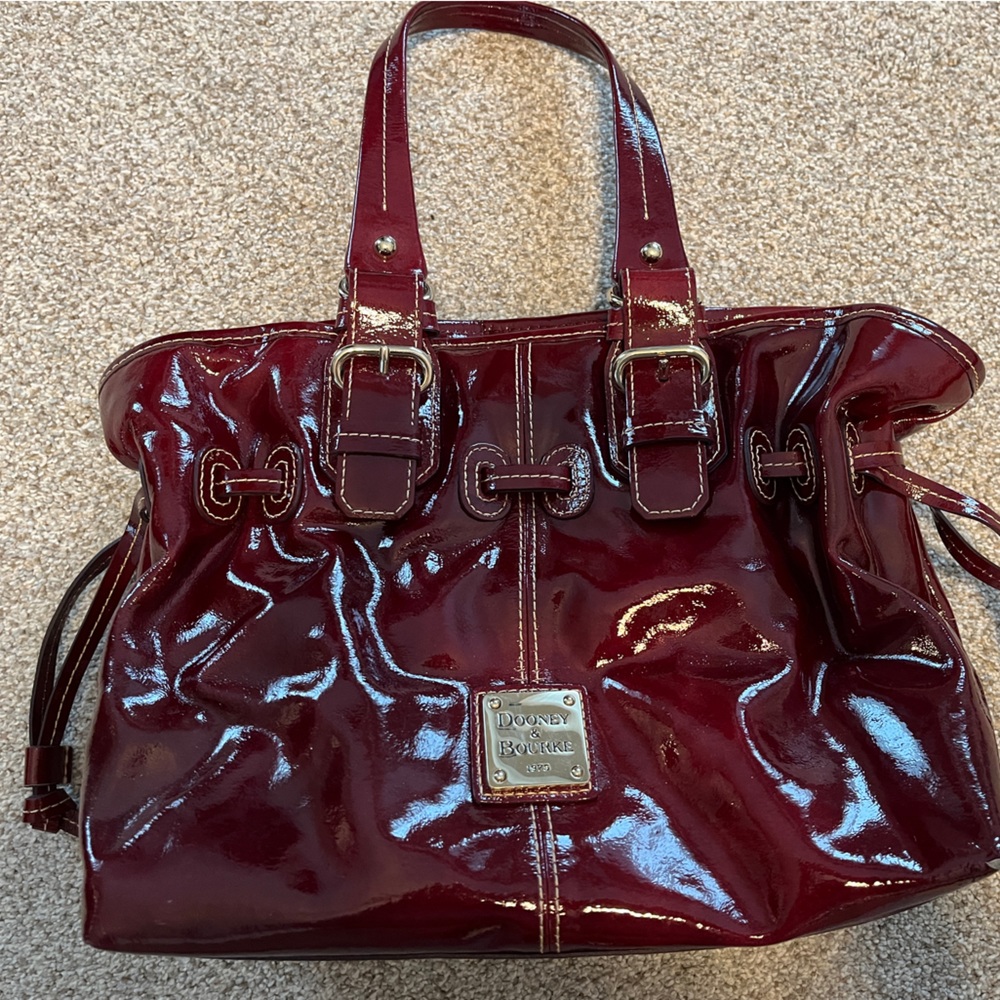 Dooney and Bourke Wine Burgundy Patent Leather Drawstring Tote Bag Purse